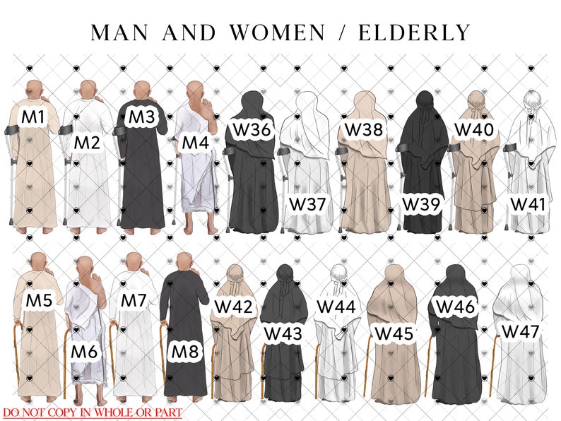 May include: Illustration of 18 people, 9 men and 9 women, all elderly, wearing traditional clothing. Each person is holding a cane or crutches. The image is labeled "MAN AND WOMEN / ELDERLY".