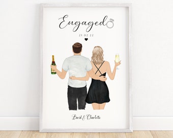 Könnte beinhalten: Eine digitale Illustration eines Paares, das eine Flasche Champagner und ein Glas Champagner hält. Der Text "Engaged" ist in Kursivschrift über dem Paar geschrieben, mit dem Datum "21.02.22" darunter. Die Namen "David & Charlotte" sind unter dem Paar geschrieben.