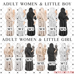 May include: Digital illustration of 12 women wearing headscarves, each holding a child. The women are arranged in two rows of six, with the top row labeled "Adult Women & Little Boy" and the bottom row labeled "Adult Women & Little Girl". Each woman is wearing a different color headscarf and dress, and each child is wearing a different color outfit. The women are all facing forward, and the children are all facing the viewer.