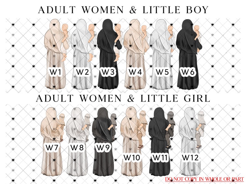 May include: Digital illustration of 12 women wearing headscarves, each holding a child. The women are arranged in two rows of six, with the top row labeled "Adult Women & Little Boy" and the bottom row labeled "Adult Women & Little Girl". Each woman is wearing a different color headscarf and dress, and each child is wearing a different color outfit. The women are all facing forward, and the children are all facing the viewer.