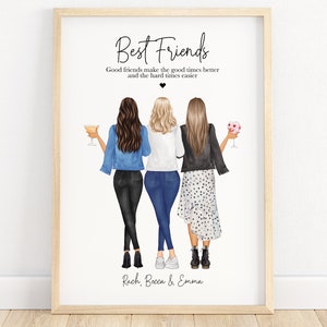 3 best friend print, best friend gift, friendship illustration, best friend picture, friendship gift, bestie, sister, wall art, portrait