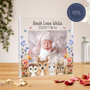 Newborn baby gift, personalised newborn photo acrylic block, baby keepsake present, baby boy, baby girl, unique baby gift, woodland animals