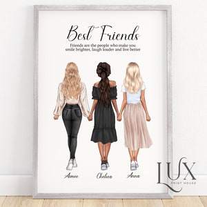 Best friend print, 3 best friend illustration, 30th birthday gift for friend, 3 sisters print, custom friend print, group of friends print