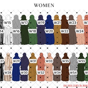 May include: A chart of 20 different colored abayas with the text "WOMEN" at the top and numbers W13 through W58 below each abaya.