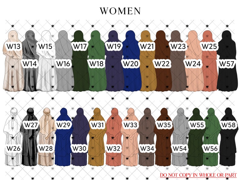 May include: A chart of 20 different colored abayas with the text "WOMEN" at the top and numbers W13 through W58 below each abaya.