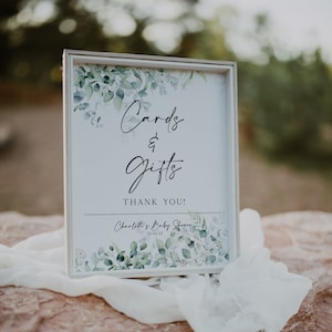 PERSONALISED baby shower cards and gifts sign, baby shower present table sign, thank you sign, eucalyptus, baby shower gift sign, greenery