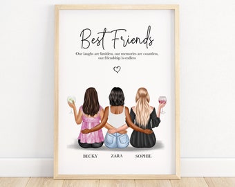 Puede incluir: Una impresión de arte imprimible con una ilustración de tres amigas sentadas juntas. El texto dice "Best Friends. Our laughs are limitless, our memories are countless, our friendship is endless." Los nombres Becky, Zara y Sophie están escritos debajo de la ilustración.