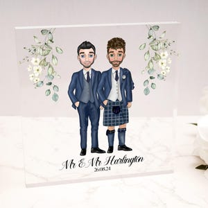 Mr and Mr gay wedding gift, gift for couple, clear acrylic block, groom and groom, personalised wedding present, custom wedding portrait