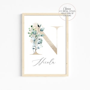 Initial and name print, floral initial print, monogram print, nursery letter print, baby name print, nursery wall art, eucalyptus, greenery