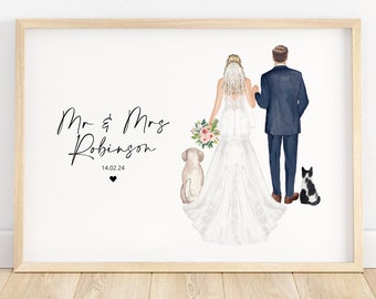 Personalised wedding print with pets, bride and groom print, mr and mrs gift, present, wedding poster, newly weds, wedding illustration