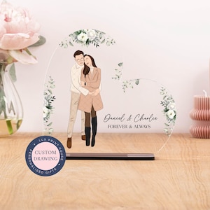 Custom couple portrait, faceless illustration, heart acrylic plaque, girlfriend, boyfriend, engagement gift, 1st anniversary, couple gifts