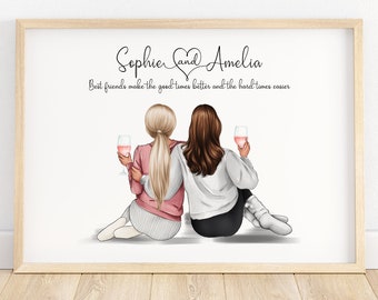 Best friend print, friendship gift, best friend gift, friendship illustration, bestie picture, bff gifts girls, gift for friends woman