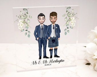 Mr and Mr gay wedding gift, gift for couple, clear acrylic block, groom and groom, personalised wedding present, custom wedding portrait