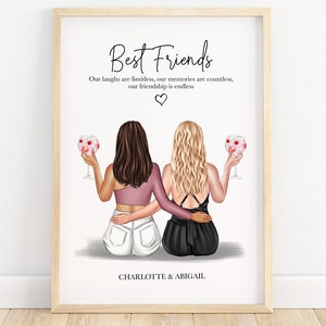 best friend print 2 people, 3 best friend print, bestie gift for her, friendship illustration, birthday gift, friendship gift, sister gift