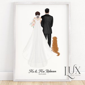 Personalised wedding print with dog, wedding print pets, wedding poster, mr and mrs wedding gift, bride and groom gifts, wedding present image 1