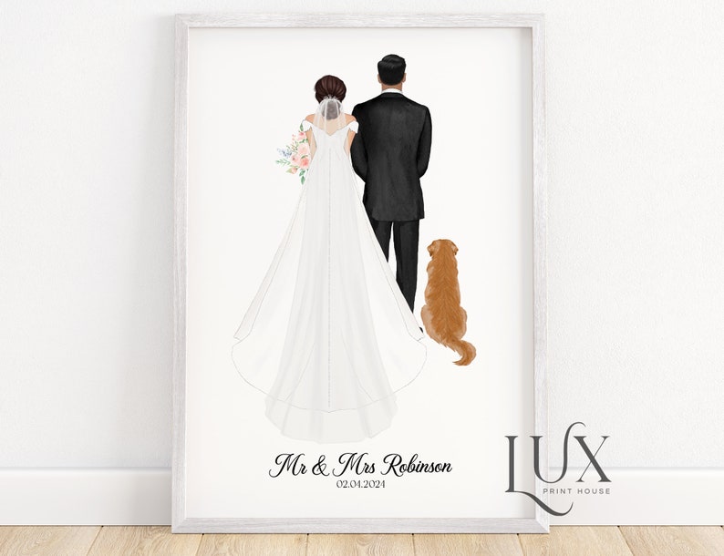 Personalised wedding print with dog, wedding print pets, wedding poster, mr and mrs wedding gift, bride and groom gifts, wedding present image 1