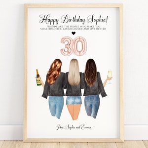 30th birthday gift for her, 3 best friend print, personalised birthday present, 3 friends picture, 30th printable, sister, illustration
