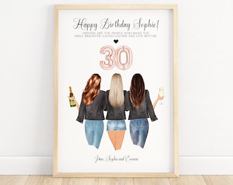 Puede incluir: Una tarjeta de cumpleaños con un globo 30 rosa y blanco y tres mujeres con cabello castaño, rubio y castaño que visten chaquetas negras y jeans azules. El texto de la tarjeta dice "Happy Birthday Sophie! Friends are the people who make you smile brighter, laugh louder and live better." y "Jane, Sophie and Emma".