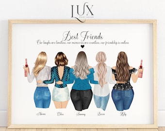 Personalised group of friends print, best friend print, portrait, plus size, friendship illustration, birthday gift, 6 friends print, sister