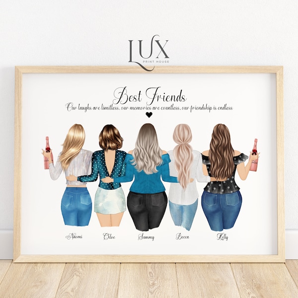 Personalised group of friends print, best friend print, portrait, plus size, friendship illustration, birthday gift, 6 friends print, sister