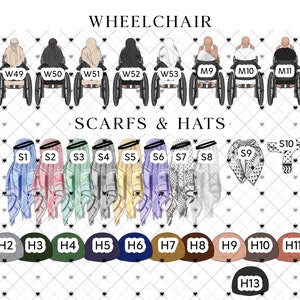 May include: A set of 13 different colored hats and 10 different patterned scarves. The hats are labeled H1 through H13 and the scarves are labeled S1 through S10. The image also includes the text "WHEELCHAIR" and "SCARFS & HATS".