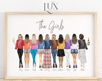 Best friend gift, group of friends print, best friend print, best friend picture, friendship illustration, friendship gift, girl group print