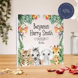 Newborn baby gift for boys, new baby gifts for girls, acrylic block, baby print, jungle, safari animals, keepsake, christening, baptism gift