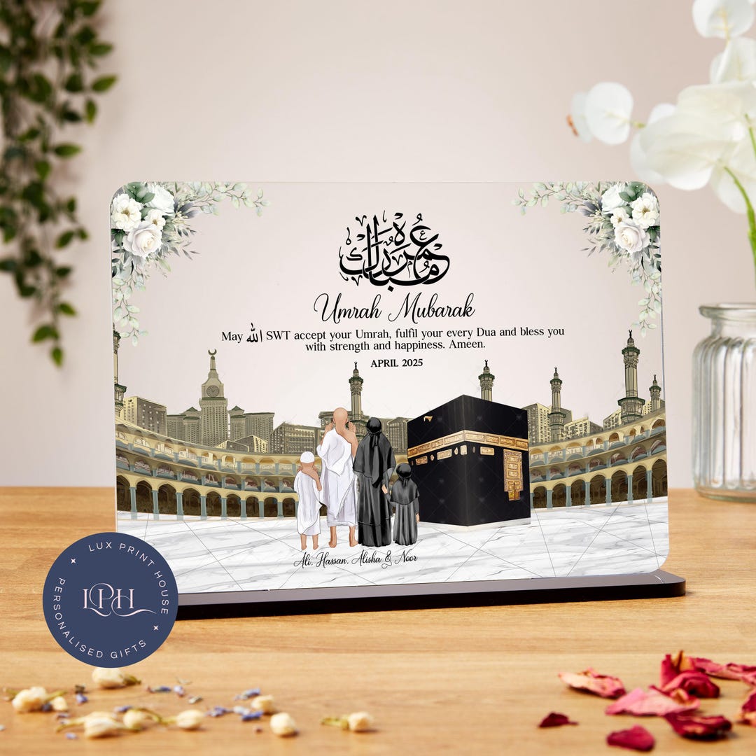 Targa Acrilica Personalizzata Umrah Mubarak Con Supporto – Regalo Islamico Per Hajj, Ramadan, Eid Con Foto, Nome E Data (Formato A5, 14,8x21 Cm)
