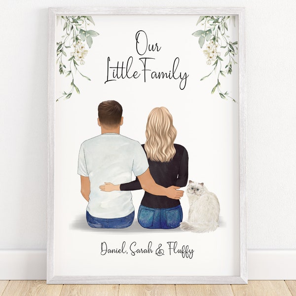Couple print with dog, family print, couple and pet print, couple illustration, anniversary gift, birthday gift, moving in gift, new home