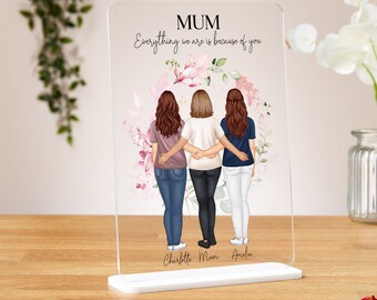 Personalised mothers day gift, clear acrylic plaque, gift for mum birthday, mother and daughter print, unique gift, custom illustration