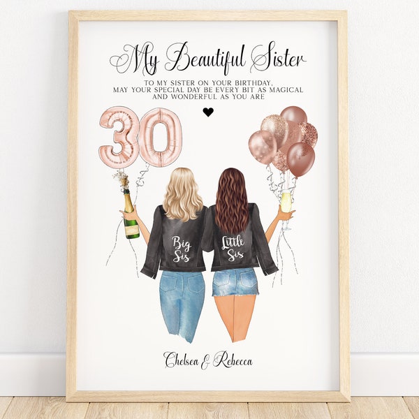 30th birthday gift for sister, sister birthday print, best friend print, birthday illustration, personalised birthday present, 3 sisters