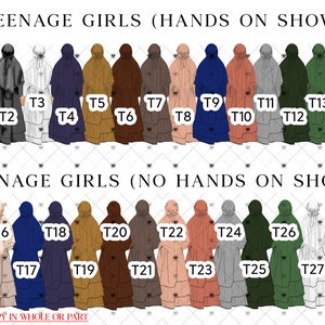 May include: Illustration of 29 teenage girls wearing different colored hijabs. The girls are arranged in two rows, with the top row labeled "TEENAGE GIRLS (HANDS ON SHOW)" and the bottom row labeled "TEENAGE GIRLS (NO HANDS ON SHOW)".