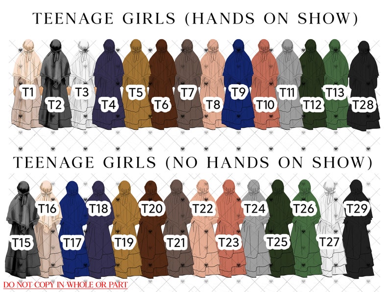 May include: Illustration of 29 teenage girls wearing different colored hijabs. The girls are arranged in two rows, with the top row labeled "TEENAGE GIRLS (HANDS ON SHOW)" and the bottom row labeled "TEENAGE GIRLS (NO HANDS ON SHOW)".