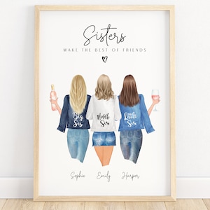 Sister print, three sisters, sister gift, sister birthday gift, 3 sisters, personalised gift for a sister, personalised print, sibling print