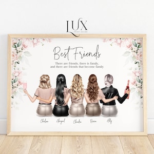 Personalised group of friends print, best friend print, portrait, friendship illustration, 30th birthday gift, 6 friends print, sister, 21st