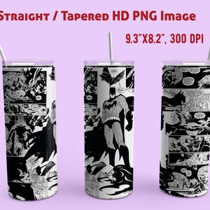 Op de afbeelding: Een 20oz skinny tumbler met een zwart-wit ontwerp in comic-stijl met Batman. Het ontwerp bevat een close-up van Batman die in een heroïsche pose staat, evenals panelen uit een stripboek.