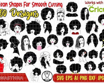 50 Afro Woman SVG, Afro Queen Svg, Afro Girl Svg, Afro Lady Svg, Curly Hair Svg, Black Woman, Afro Bundle SVG Designs, Black History Month