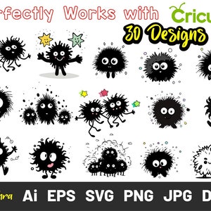 May include: A digital download of 30 black and white cartoon monster designs. The monsters are fuzzy and have different expressions. The text "Perfectly Works with Cricut" and "30 Designs" is in the image.