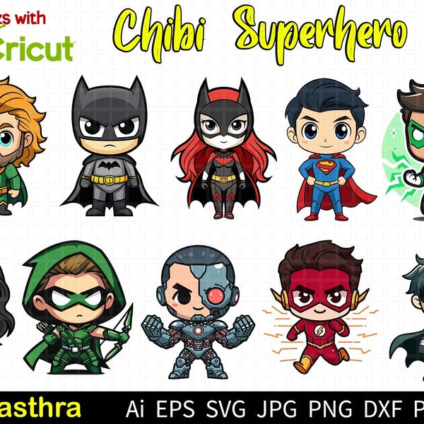 Chibi Superhero SVG, Baby Superhero Svg bundle, Cute Superheroes league Clipart, Flash Aquaman Clipart, Most famous superheroes Cut Files