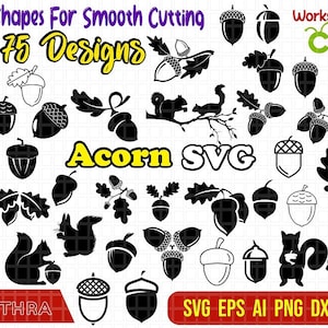 以下が含まれることがあります： どんぐり、葉っぱ、リス、枝など、黒と白のどんぐりSVGデザイン75個のセットです。「Clean Shapes For Smooth Cutting」と「75 Designs」のテキストが画像の上部に表示されています。「Acorn SVG」のテキストが画像の中央に表示されています。「Works with Cricut」のテキストが画像の右上に表示されています。「SWASTHRA」のテキストが画像の左下に表示されています。「SVG EPS AI PNG DXF JPG」のテキストが画像の右下に表示されています。