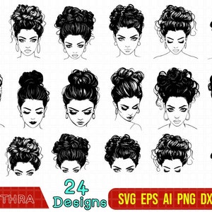 Messy Bun Svg Bundle, Messy Hair svg, Women Face Clipart, Mom Life svg, Messy bun png, Mom svg, Women svg, Hair svg files, Black Woman svg