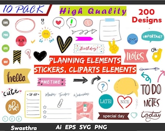 200 Planner Clipart SVG, Elementos de adesivos, Kawaii Clipart, adesivos de caderno, diário, semanal, mensal, acessórios gráficos de planejador anual