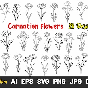 Anjer bloemen SVG, geboortemaand bloem, bloemboeket SVG, bloem SVG, bloemen SVG, Floral Lineart, botanische SVG, wilde bloemen vector,