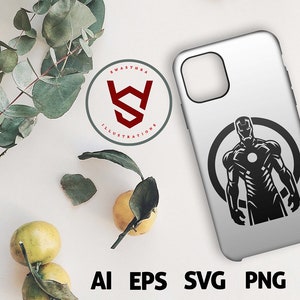 May include: A white phone case featuring a black and white Iron Man graphic within a circular design. The image also includes the text "SWAATHRA ILLUSTRATIONS" in a circular logo and the file types: AI, EPS, SVG, PNG, and DXF.