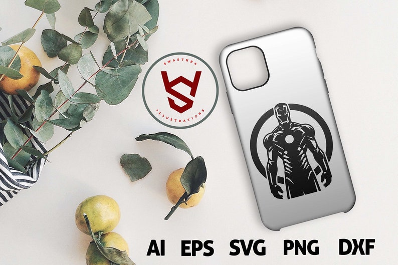May include: A white phone case featuring a black and white Iron Man graphic within a circular design. The image also includes the text "SWAATHRA ILLUSTRATIONS" in a circular logo and the file types: AI, EPS, SVG, PNG, and DXF.