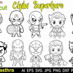 SVG de superhéroe chibi, paquete de SVG de superhéroe bebé, clipart de superhéroes lindos de los Vengadores, clipart de Spiderman Hulk, archivos de corte de los superhéroes más famosos
