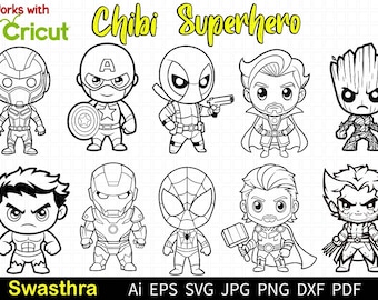 Chibi Superhero SVG, Baby Superhero Svg bundle, Cute Superheroes Avengers Clipart, Spiderman Hulk Clipart, Most famous superheroes Cut Files
