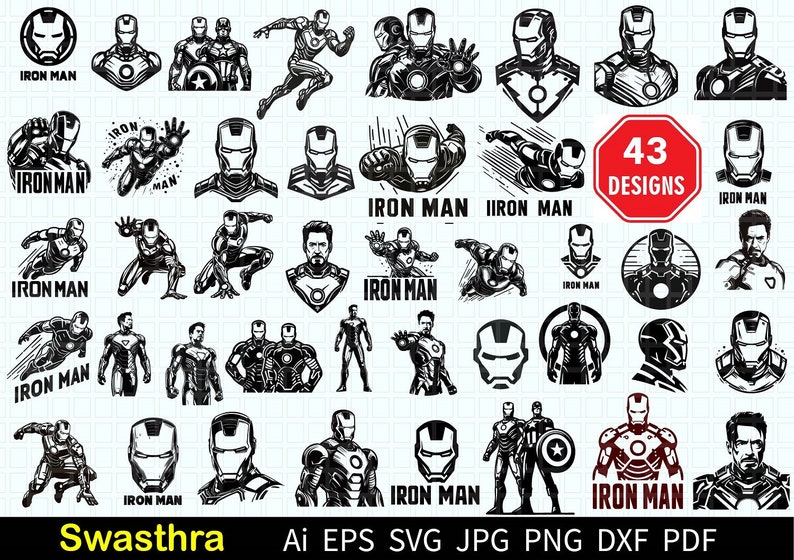 May include: Collection of 43 Iron Man designs in black and white, including illustrations of the character in various poses and styles. The image includes the text "Iron Man" and "43 Designs".