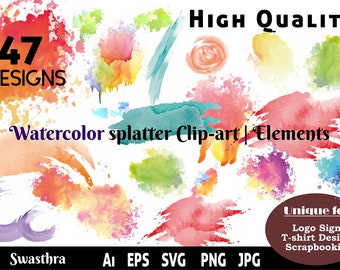 47 Watercolor clipart SVG, Watercolor Splatter Clip Art, abstract watercolor shapes, watercolor splashes, watercolor texture,  Brush Strokes