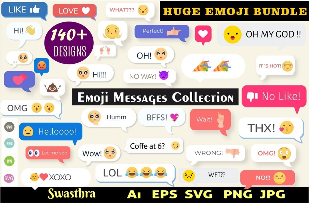 140 Emoji Messages SVG, Emoji Collection, Smiley Files, Clip Art, Faces
